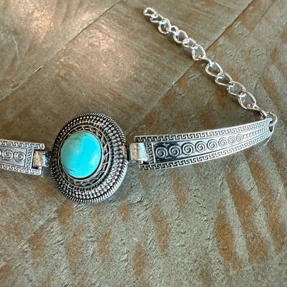 Native American Navajo Bracelet Silver Tone Turquoise 7" Cuff Round Center 1" - Picture 4 of 5